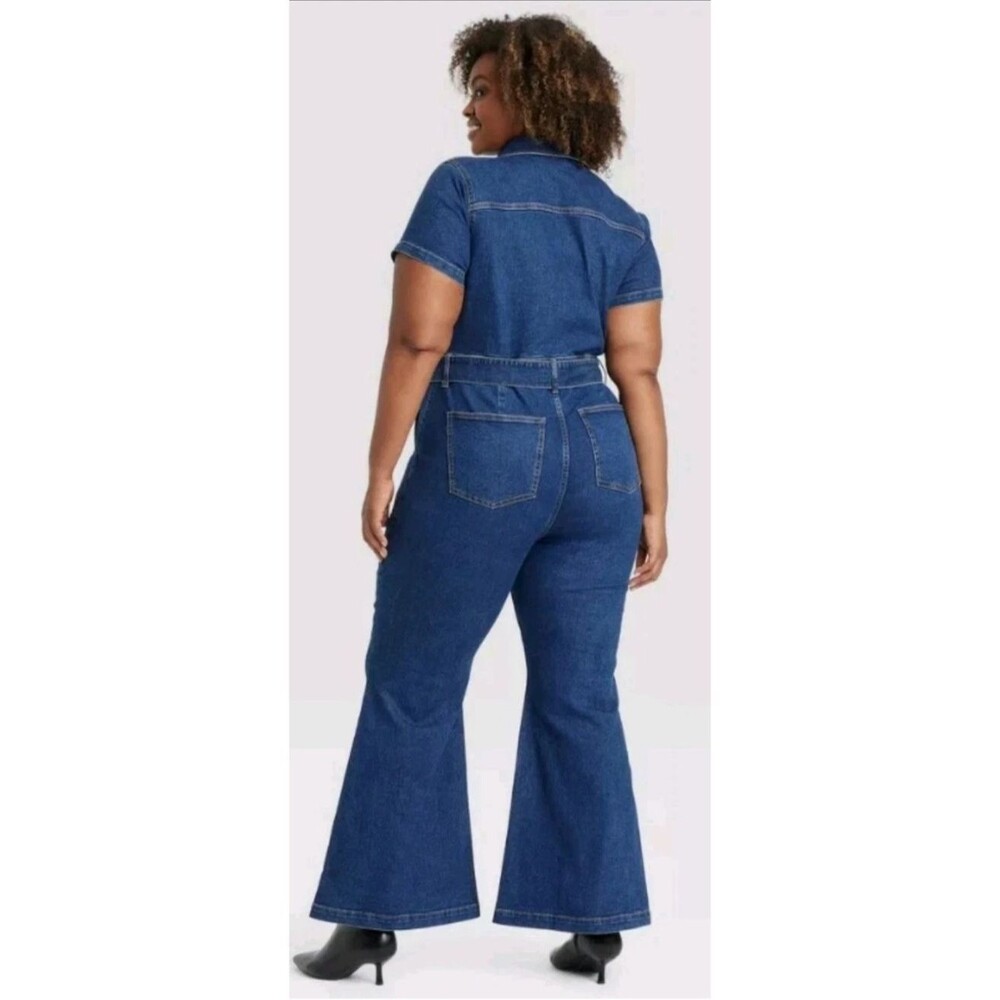 Ava And Viv Women's Short Sleeve Dark Denim Jumpsuit Belted Wide Leg Size 17 - Picture 10 of 10